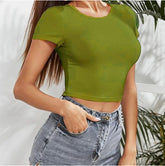 Casual Chic Olive Scoop Neck Crop Tops Tee